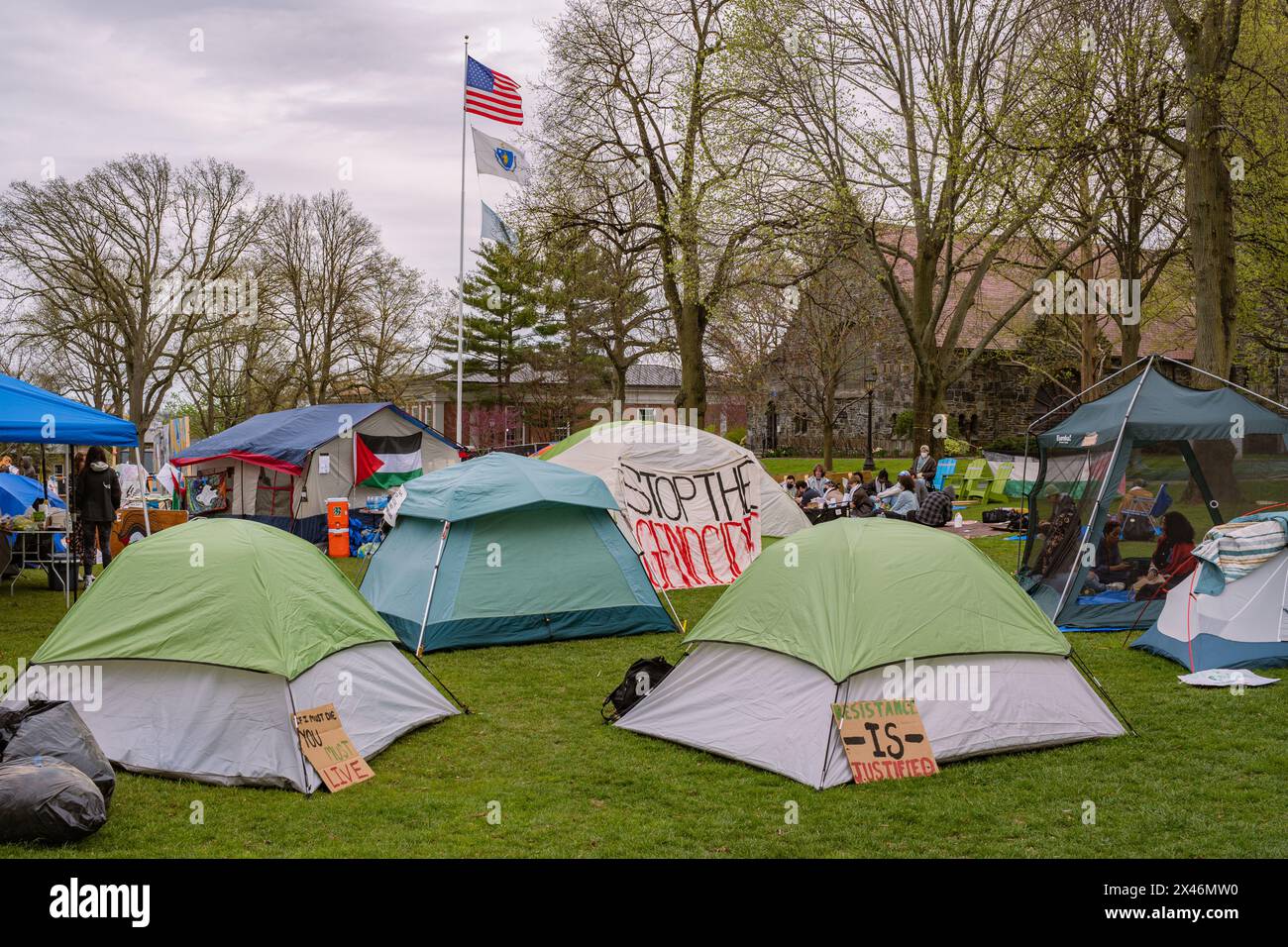 Medford, ma, États-Unis-30 avril 2024 : des manifestants pro-palestiniens à l'Université Tufts ont installé un campement de tente pour protester contre la guerre à Gaza. Banque D'Images