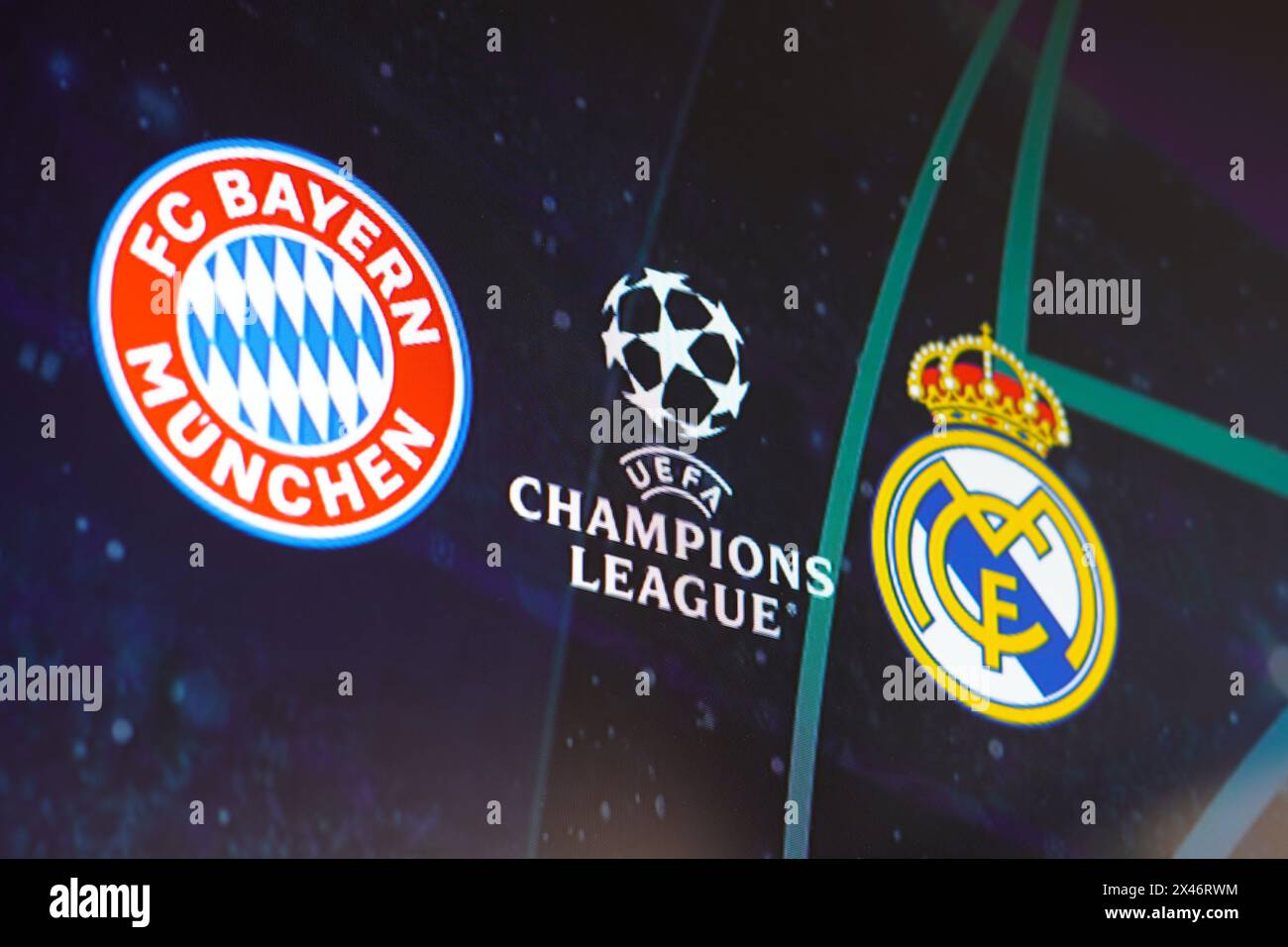 Brésil. 30 avril 2024. Dans cette illustration photo, les boucliers des équipes du Bayern Munich et du Real Madrid jouant en demi-finale de l'UEFA Champions League ce mardi 30 avril 2024, à l'Allianz Arena, à Munich, en Allemagne. (Photo de Rafael Henrique/SOPA images/SIPA USA) *** strictement à des fins éditoriales *** crédit : SIPA USA/Alamy Live News Banque D'Images
