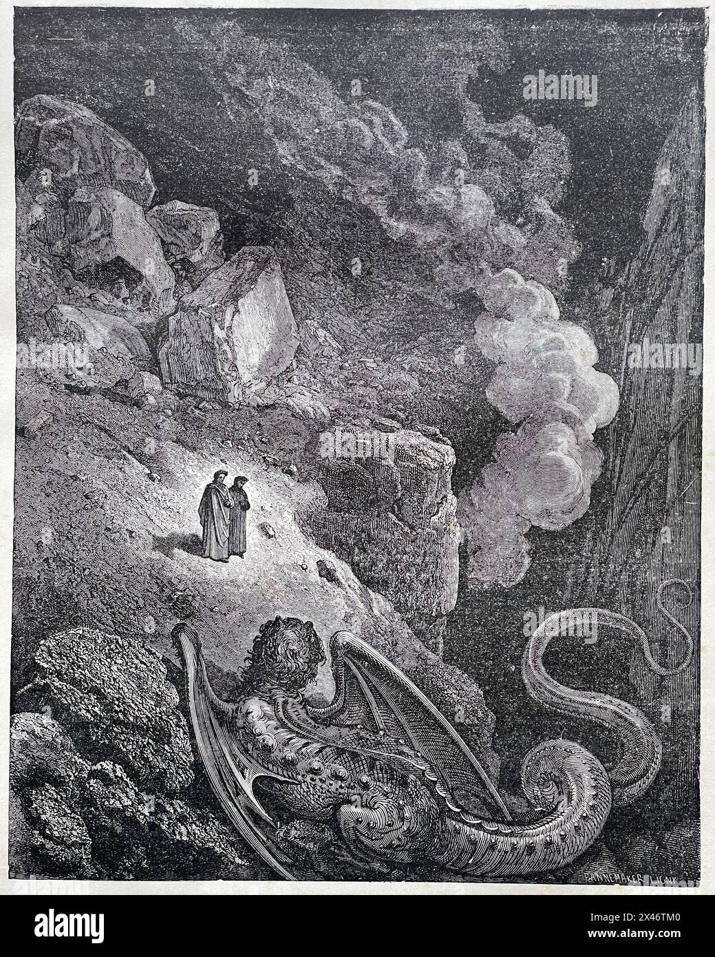 Photo d'une image de la Divine Comédie, Inferno Canto XVII, représentant Virgile et Dante Alighieri observant Géryon. Banque D'Images