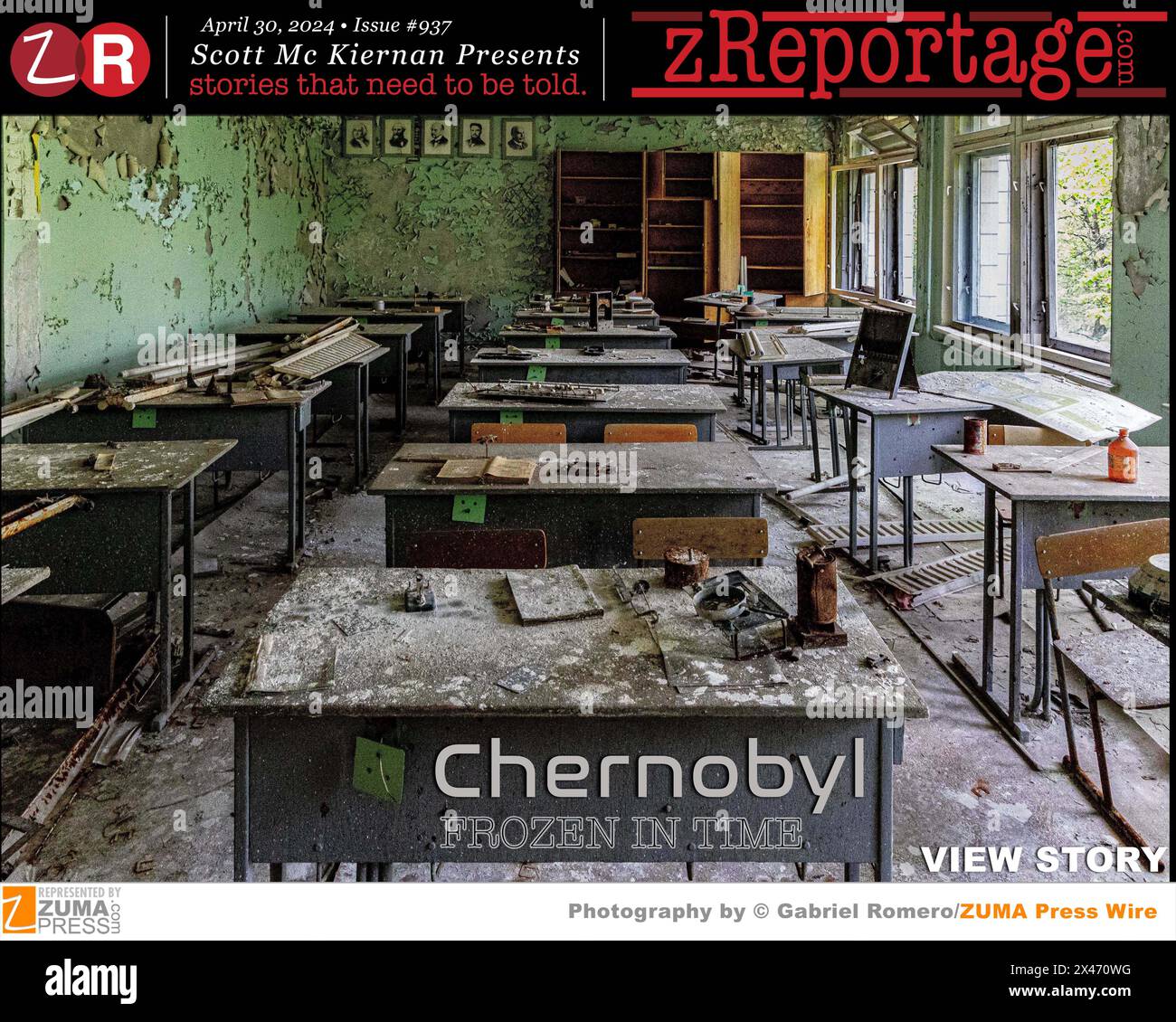 zReportage.com numéro 937 histoire de la semaine : publié MARDI 30 avril 2023 : 'Chernobyl : Frozen in Time' photos par Gabriel Romero, photographe primé par ZUMA Press: le 26 avril 1986, la pire catastrophe nucléaire au monde s'est produite dans le réacteur n° 4 de la centrale nucléaire de Tchernobyl dans la RSS d'Ukraine de l'Union soviétique. Les retombées et la fonte qui a suivi ont libéré une contamination radioactive dans toute l'Ukraine, la Russie et l'Europe. Officiellement, 31 personnes sont mortes directement de la catastrophe, officieusement les effets à long terme de l'empoisonnement par irradiation ont conduit à la mort de milliers de personnes. Sur t Banque D'Images