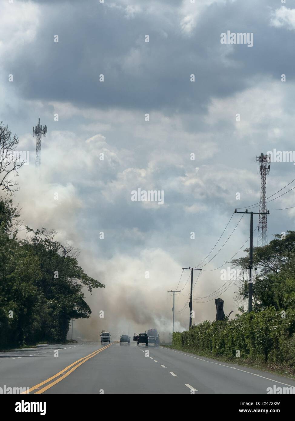 Incendie désastre à côté de la route de l'autoroute avec des nuages de fumée blanche Banque D'Images
