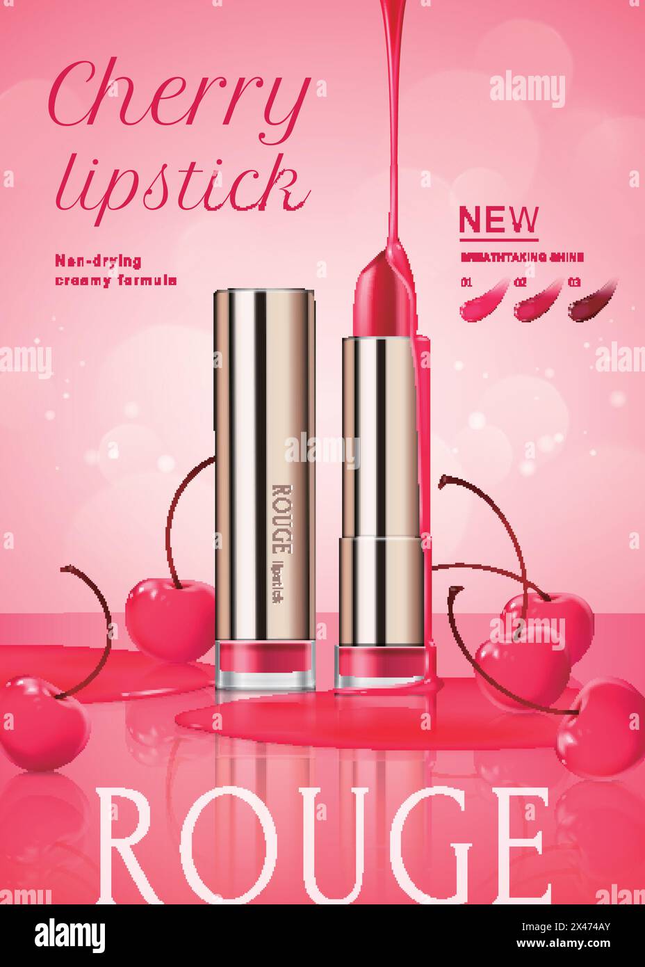 Annonces de rouge à lèvres de cerise avec liquide brillant coulant de haut en bas dans l'illustration 3d sur fond rose bokeh Illustration de Vecteur
