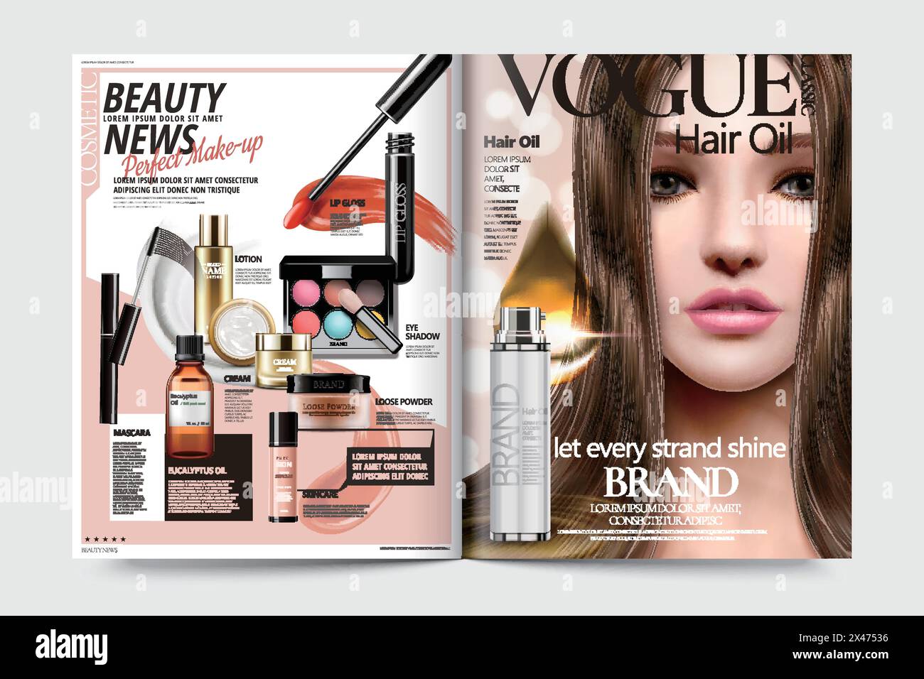 Annonces de magazine cosmétique, beau modèle avec des accessoires de maquillage en illustration 3D. Illustration de Vecteur