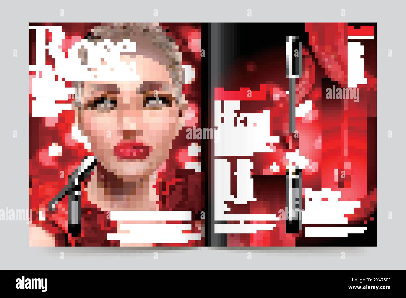 Annonces de magazine cosmétique, beau modèle avec des produits de brillant à lèvres en illustration 3d, roses et fond rouge bokeh Illustration de Vecteur