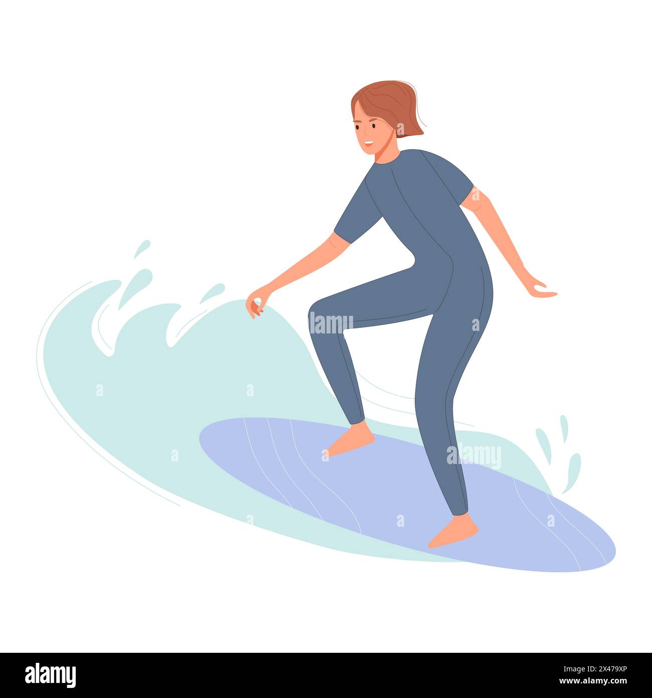 Une femme dans une combinaison grise surfe sur une grande vague, montrant son habileté et le frisson du sport. Illustration de Vecteur