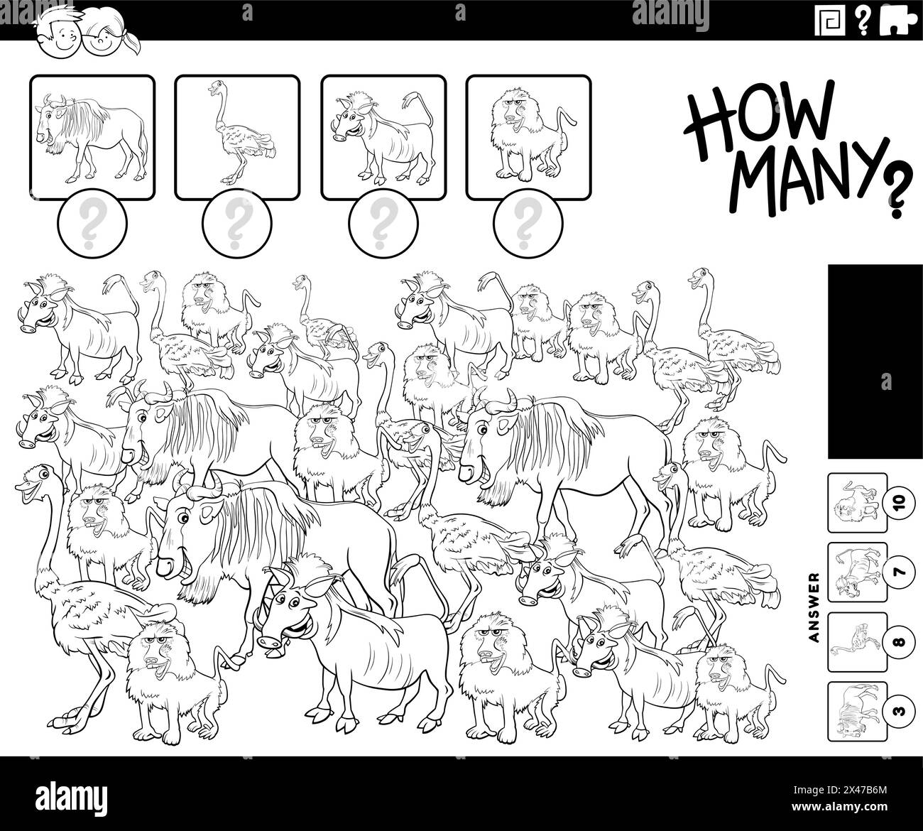 Illustration de dessin animé du jeu de comptage éducatif avec la page de coloriage de personnages d'animaux sauvages comiques Illustration de Vecteur