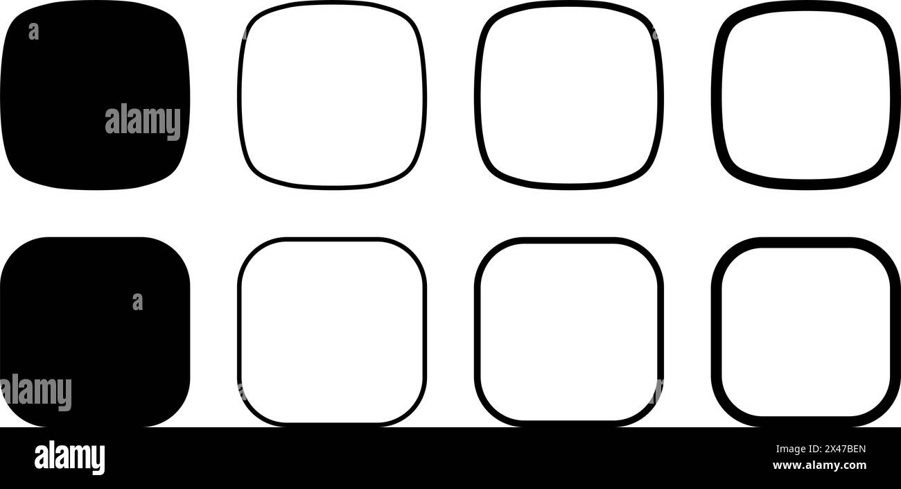 Ensemble de squircles et de carrés avec des bordures et des coins arrondis. Formes géométriques simples et cadres isolés sur fond blanc. Eléments de conception avec espace vide. Illustration graphique vectorielle. Illustration de Vecteur