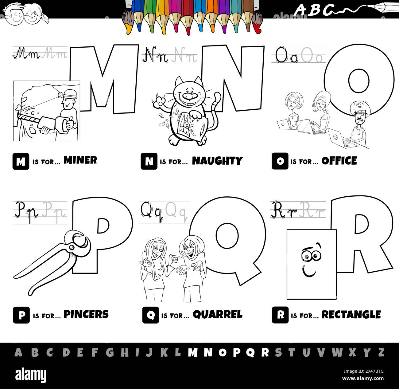 Dessin animé noir et blanc représentant des lettres majuscules de l'alphabet kit éducatif pour la pratique de la lecture et de l'écriture pour les enfants de Couleur M à R Illustration de Vecteur