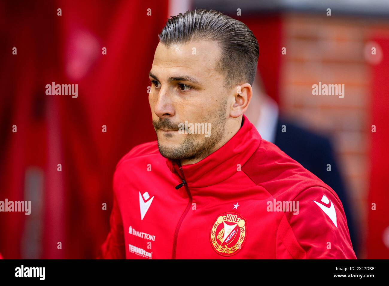 Lodz, Pologne. 27 avril 2024. Mato Milos de Widzew vu lors du match de Ligue PKO Ekstraklasa entre Widzew Lodz et Rakow Czestochowa au stade municipal de Widzew Lodz. Score final : Widzew Lodz vs Rakow Czestochowa 0:1. Crédit : SOPA images Limited/Alamy Live News Banque D'Images