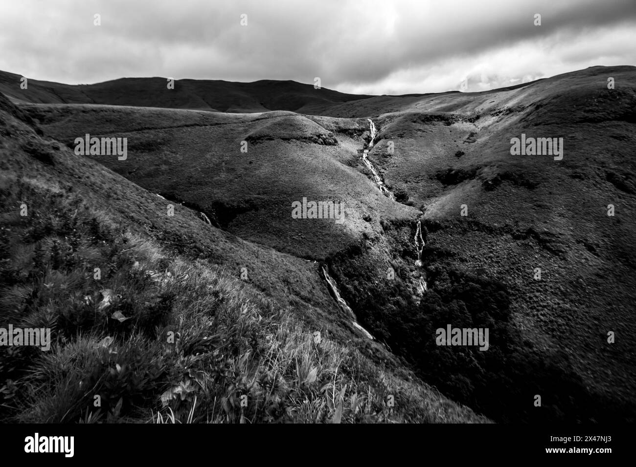 Chute d'eau Mahai, pendant le mois d'été, coulant à travers les prairies afroalpines dans une partie reculée des montagnes Drakensberg Banque D'Images