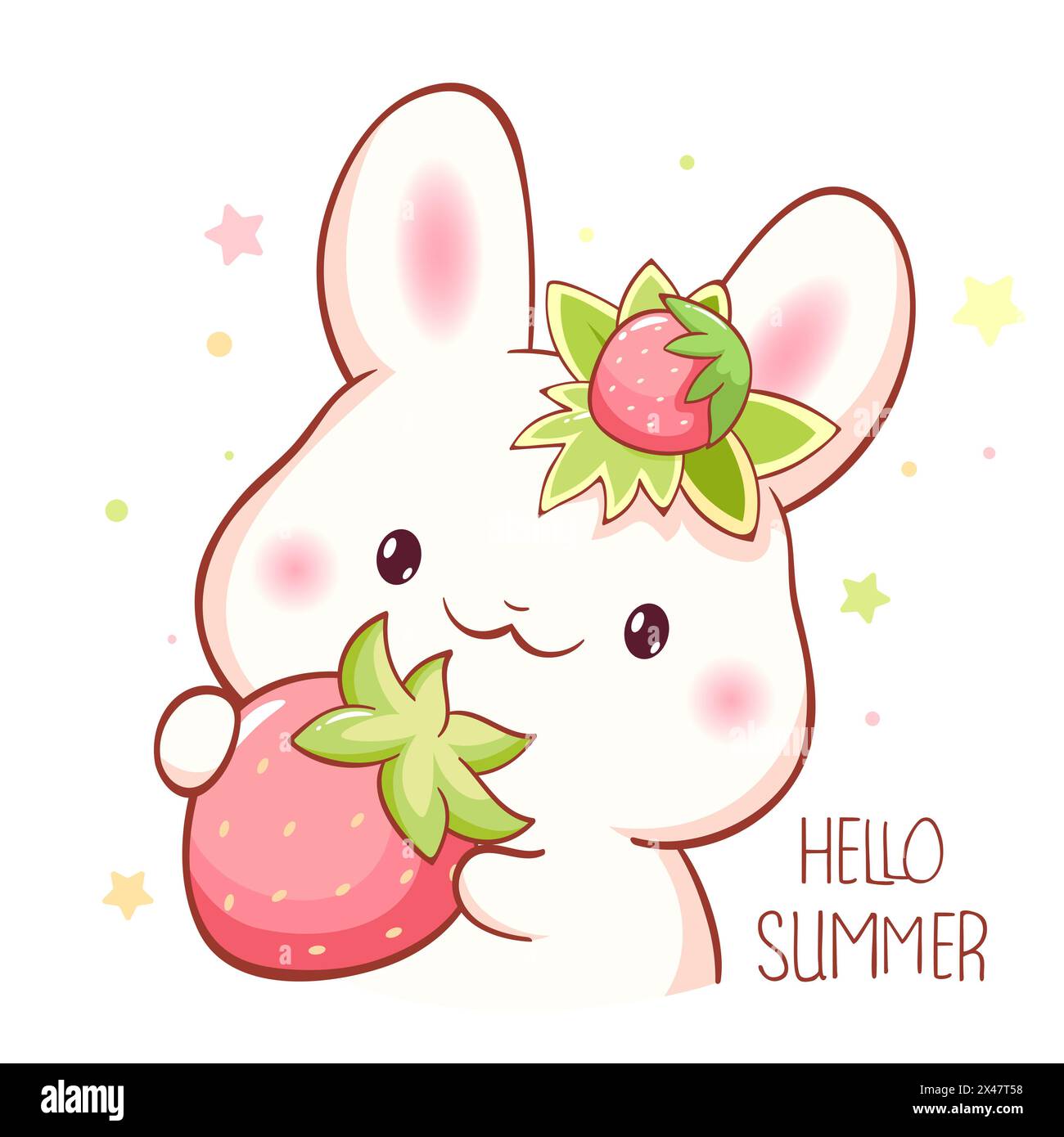 Carte de saison mignonne en style kawaii. Joli petit lapin à la fraise. Inscription Bonjour l'été. Peut être utilisé pour l'impression de t-shirt, les autocollants, la voiture de voeux Banque D'Images