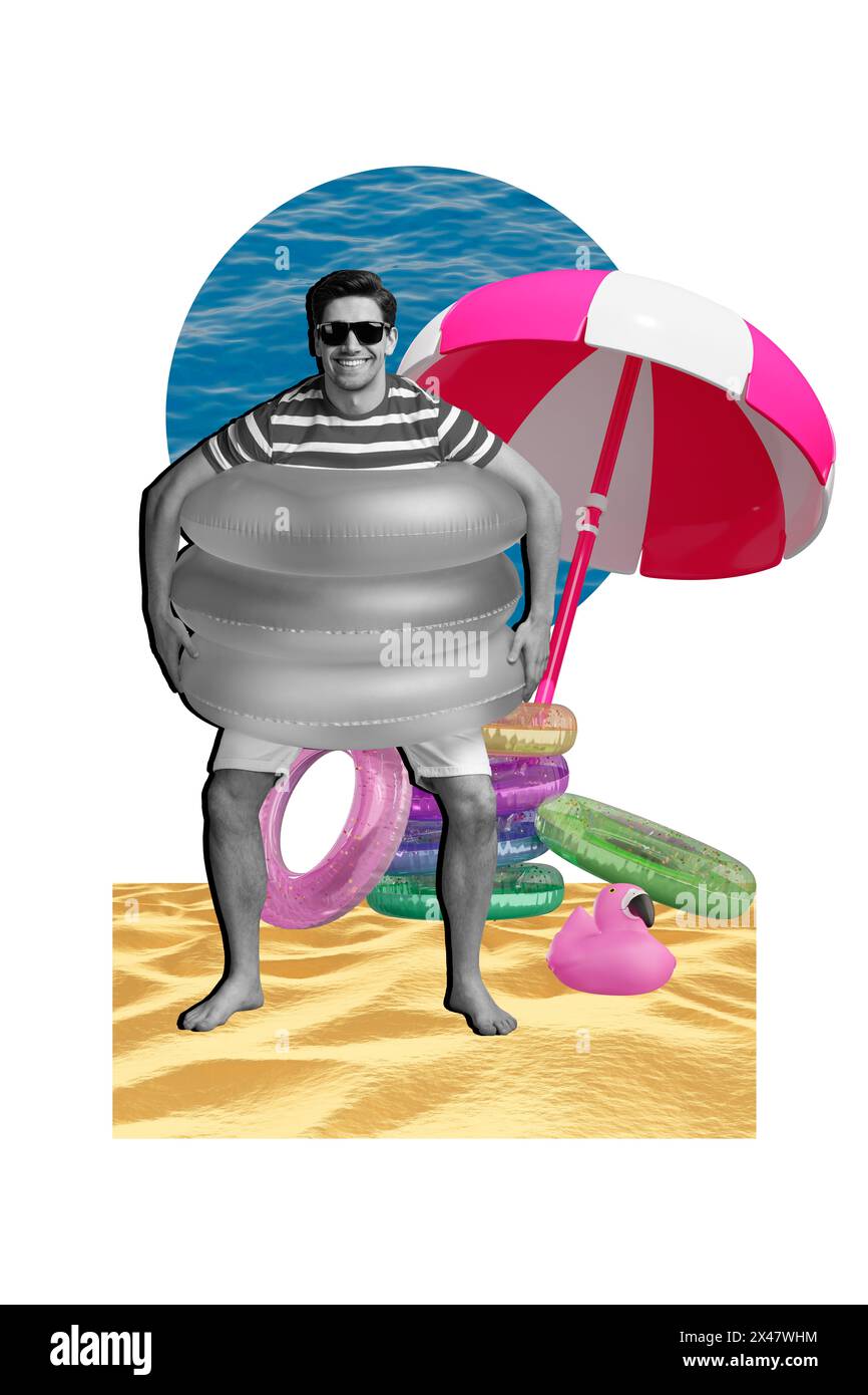 Collage photo vertical de Happy Guy stand plage sable tenir bouée de sauvetage vacances d'été parasol océan Relax voyage isolé sur fond peint Banque D'Images