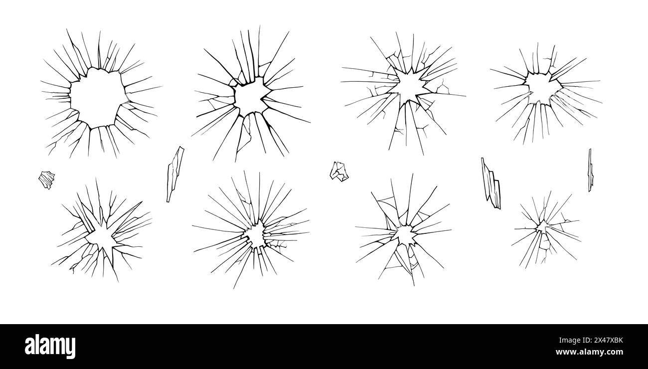 Verre fissuré. Vitre brisée, surface vitrée brisée et silhouette de verre brisé. Fissure miroir brisé ou trou de balle. Vecteur Illustration de Vecteur