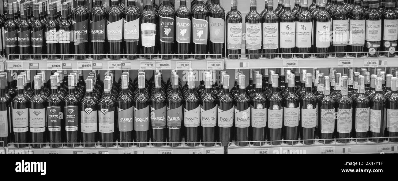 Différentes bouteilles d'alcool sont exposées sur les étagères du magasin. Diverses bouteilles d'alcool en vitrine en verre. Étagères avec bouteilles de vin rouge et blanc Banque D'Images