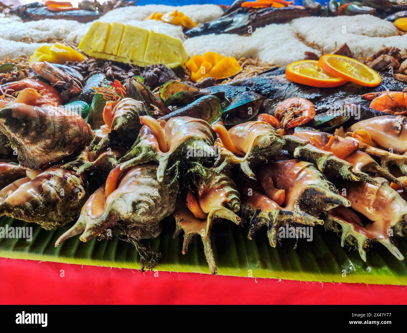 Le combat de boodle de Siargao met en valeur les fruits de mer frais de l'île. Les habitants et les visiteurs se rassemblent pour partager une abondante variété de fis grillés, frits et cuits à la vapeur Banque D'Images