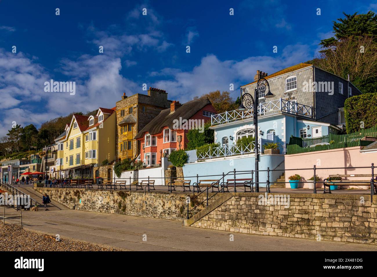 Le soleil d'hiver illumine les maisons et les chalets le long du front de mer à Lyme Regis, Dorset, Angleterre, Royaume-Uni Banque D'Images