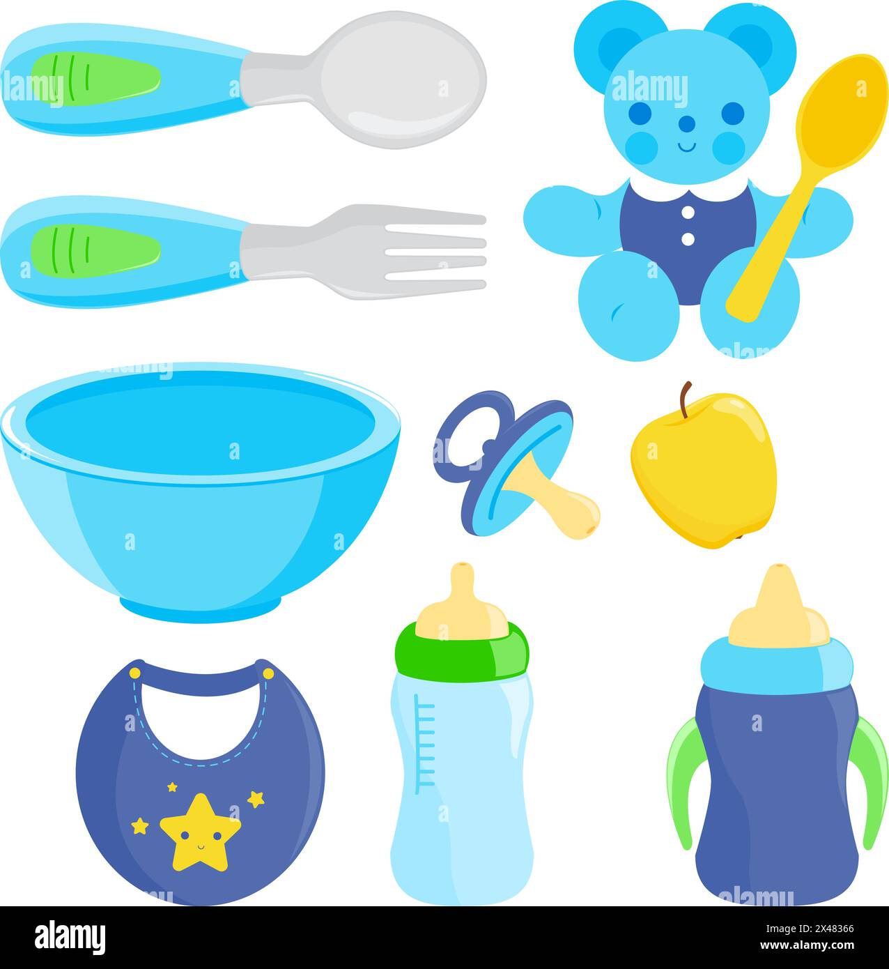 Ensemble d'ustensiles pour aliments pour bébés. Cuillère et fourchette pour bébés, ensemble de vaisselle avec biberons de lait. Collection d'illustrations vectorielles Illustration de Vecteur