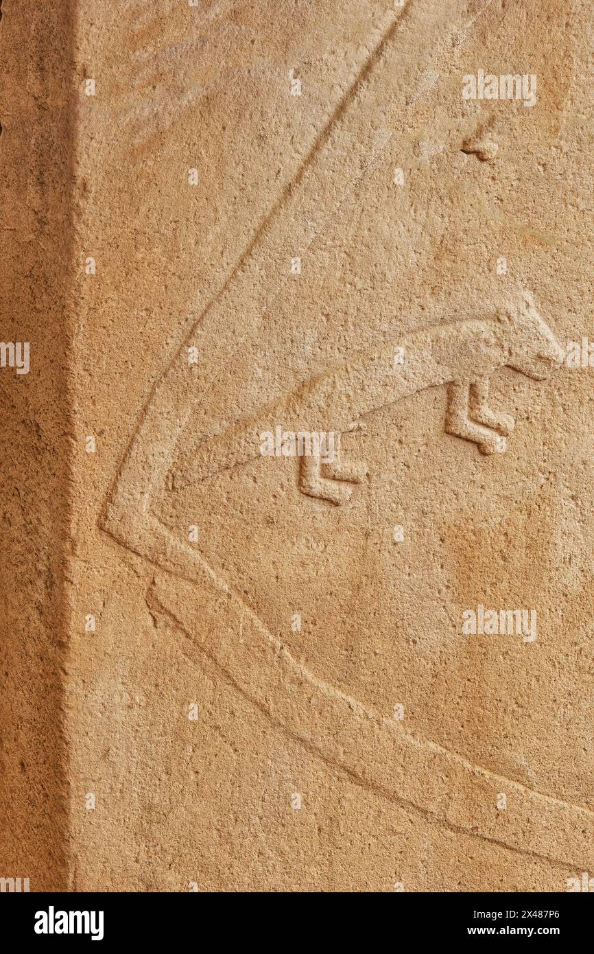 Gobekli Tepe site archéologique néolithique datant du 10 millénaire av. J.-C., piliers de pierre massifs avec relief sculptural d'animaux sauvages, Potbelly Hill, Banque D'Images