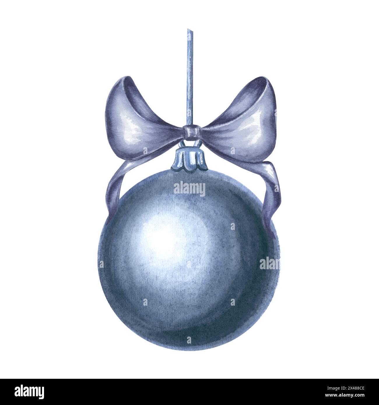 Boule d'arbre de Noël avec noeud en soie bleue. Décoration de vacances d'illustration d'aquarelle dessinée à la main. Pendentif de dessin, boucles d'oreilles en stile vintage. Te. Isolé Banque D'Images