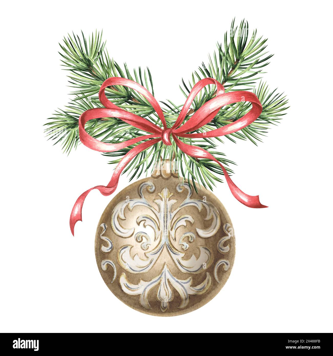 Boule d'arbre de Noël avec noeud en soie et branche d'épicéa. Illustration aquarelle dessinée à la main décoration de vacances du nouvel an. PIN avec des rubans en stil vintage Banque D'Images