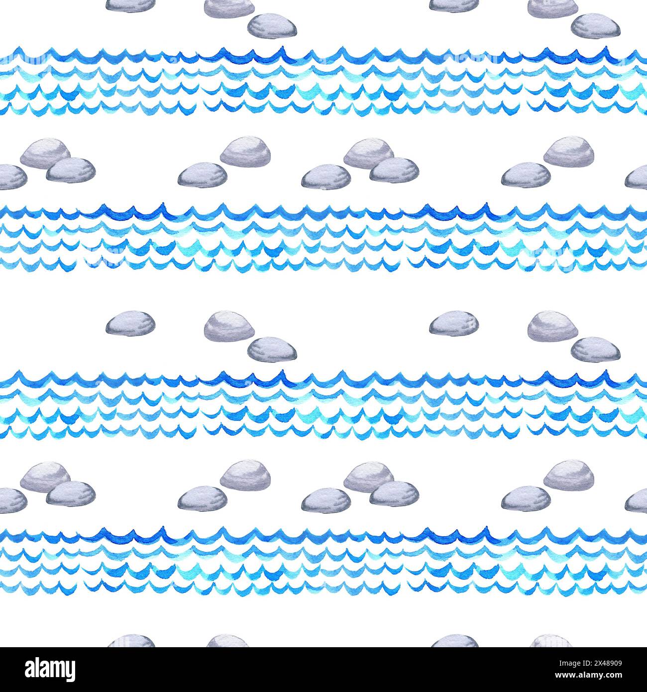 Aquarelle modèle sans couture de thème de la mer, lignes ondulées de gradient bleu, différentes pierres grises, concept de vacances et de vacances, illustration de voyage, BA blanc Banque D'Images