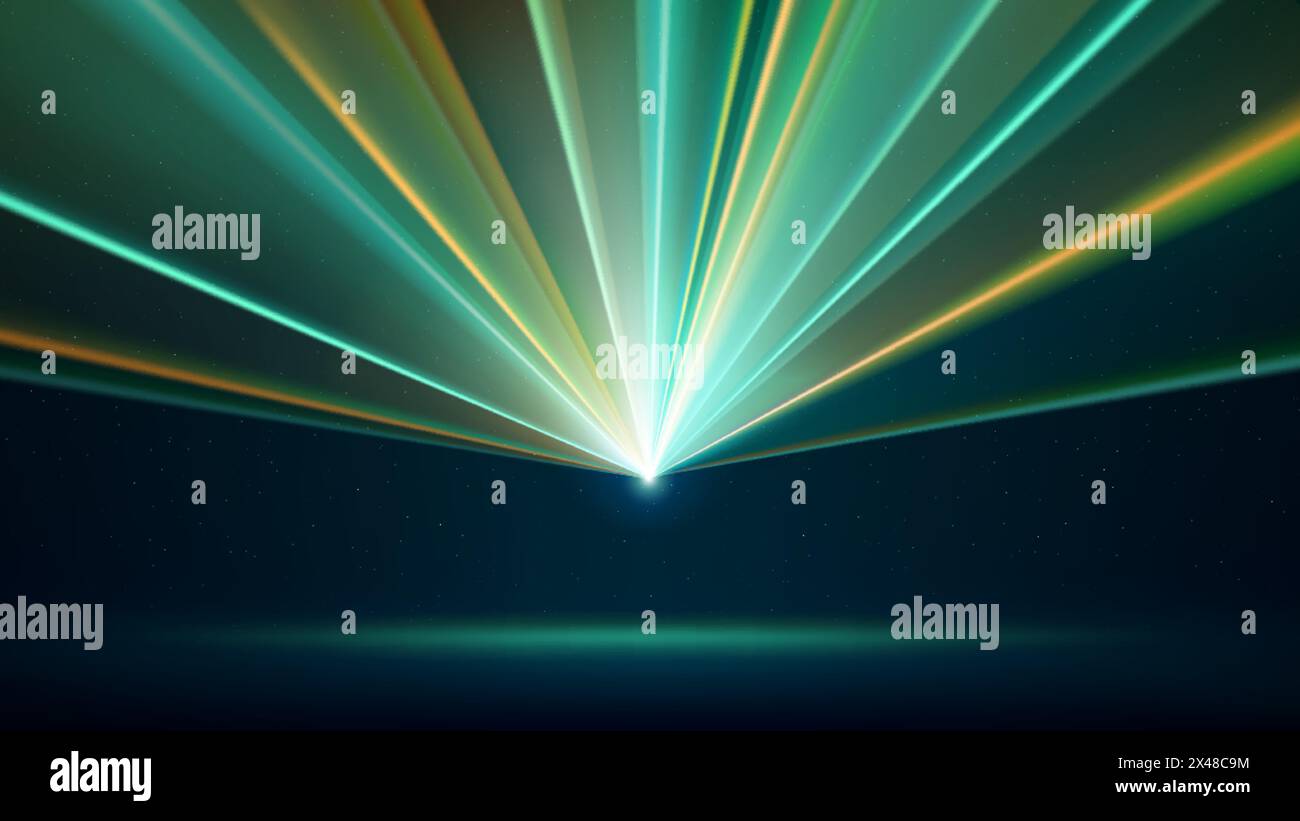 Spectacle de lumière laser. Faisceaux laser LED lumineux, soirée dj. Scène éclairée cyan, lumières stroboscopiques LED or jaune. Arrière-plan, arrière-plan pour l'affichage Illustration de Vecteur