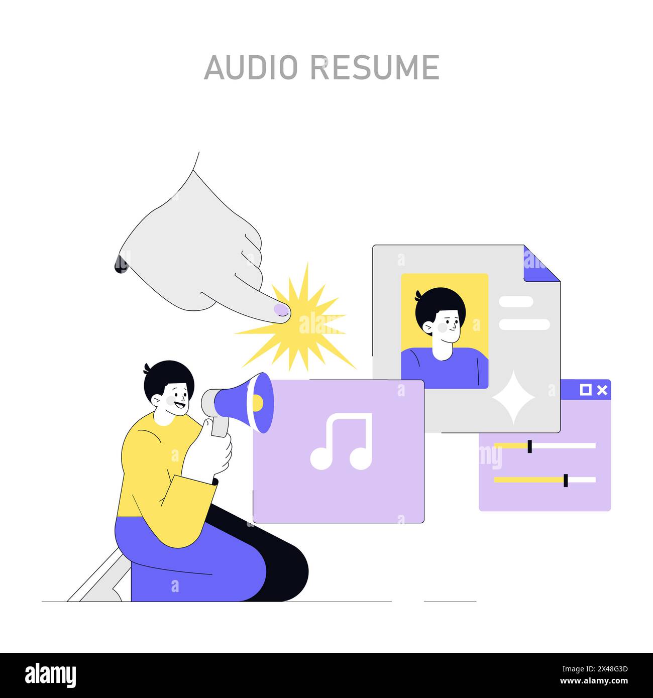 Concept de reprise audio. Processus de recrutement créatif avec un candidat enregistrant un CV vocal. Candidature moderne et innovation en matière d'embauche. Illustration vectorielle. Illustration de Vecteur