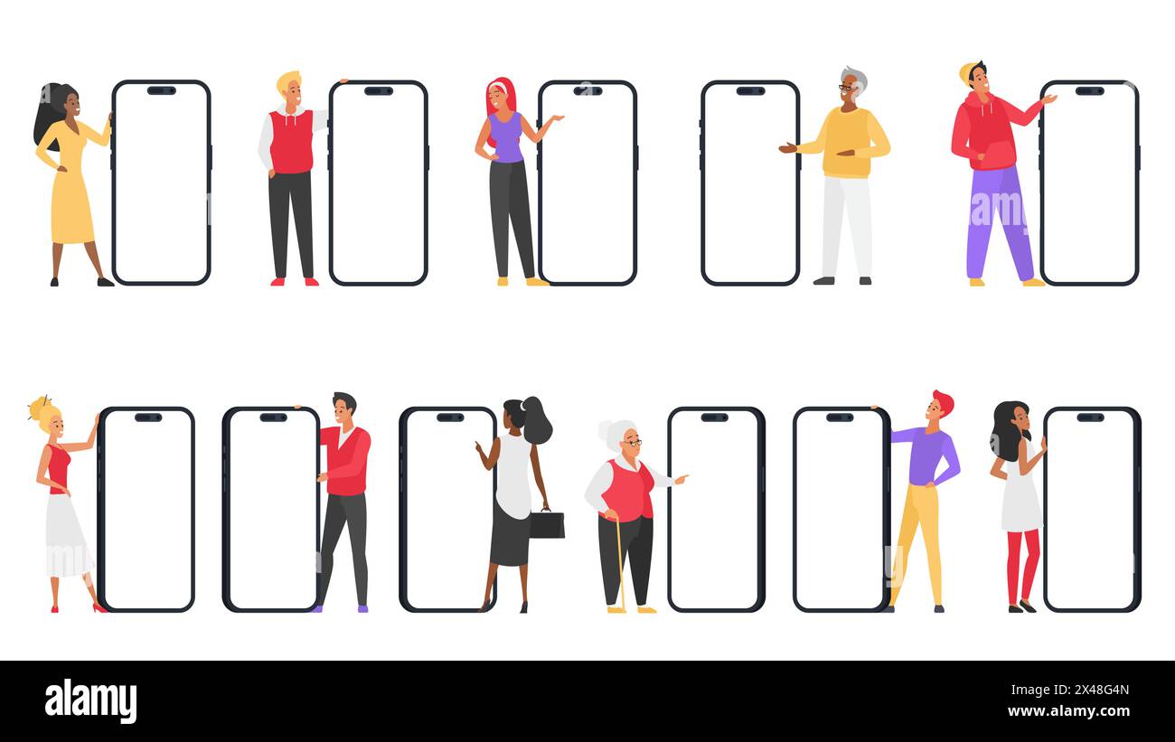 Les gens montrant de grands téléphones mobiles mis. Minuscules personnages masculins et féminins debout sur des smartphones géants avec écran vide, des utilisateurs heureux de femme et d'homme pointant sur l'illustration vectorielle de dessin animé de téléphone portable Illustration de Vecteur