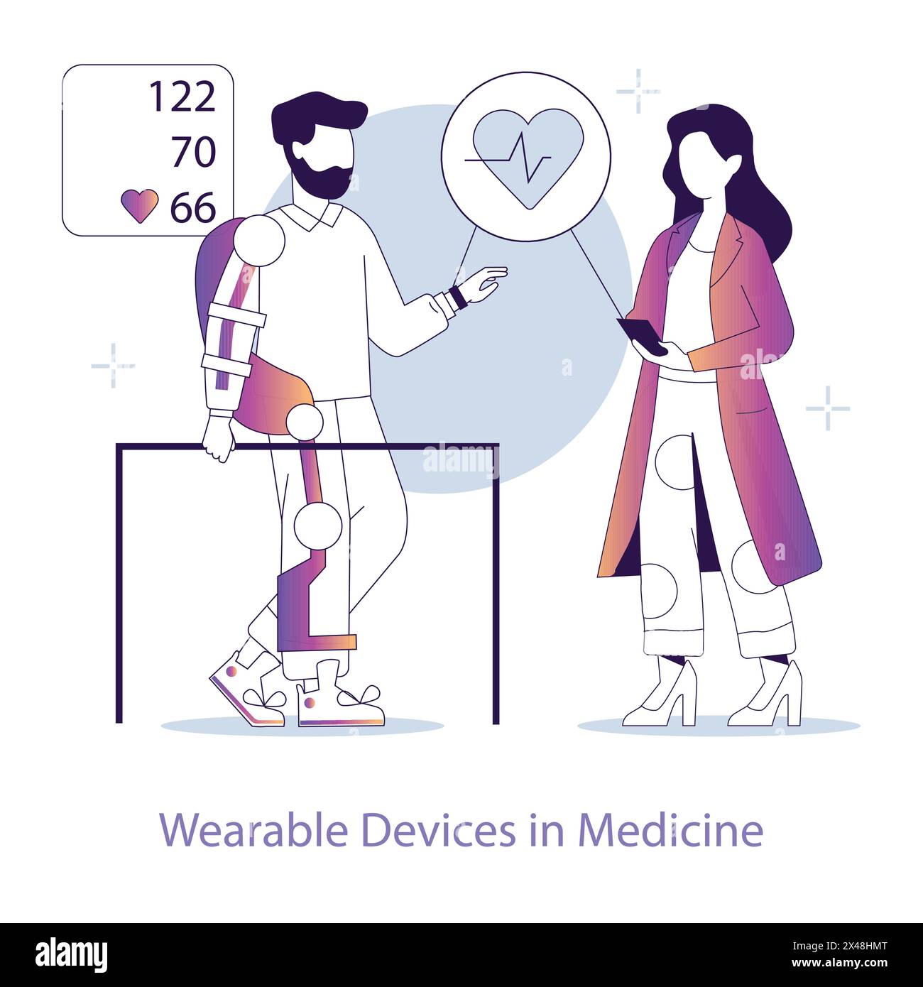 Concept des dispositifs portables en médecine. Les cliniciens surveillent la santé des patients via des dispositifs portables, améliorant ainsi les soins médicaux et l'engagement des patients. Illustration vectorielle. Illustration de Vecteur