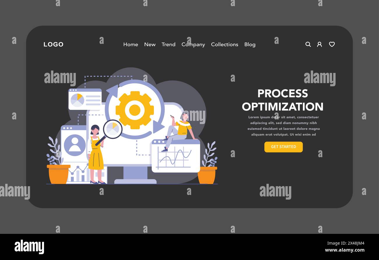 Optimisation du processus nuit ou mode sombre Web ou page de destination. Amélioration de l'efficacité des workflows de production et d'entreprise. Améliorations stratégiques pour réduire les coûts et améliorer les performances. Illustration de Vecteur