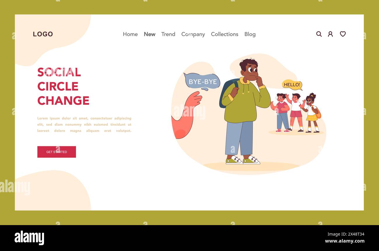 Concept de changement de cercle social. Un garçon hésitant dit au revoir à un ami et envisage de rejoindre un nouveau groupe de pairs, capturant les changements dynamiques dans la vie sociale des enfants. Illustration vectorielle plate Illustration de Vecteur