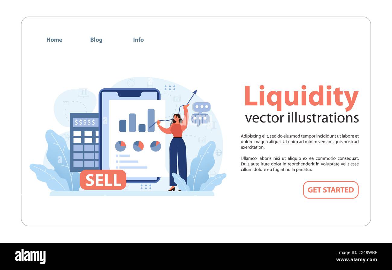 Concept de liquidité. Energetic Woman met en évidence les données financières sur tablette, indiquant la conversion des actifs. Vente rapide, dynamique du marché. Illustration vectorielle plate Illustration de Vecteur