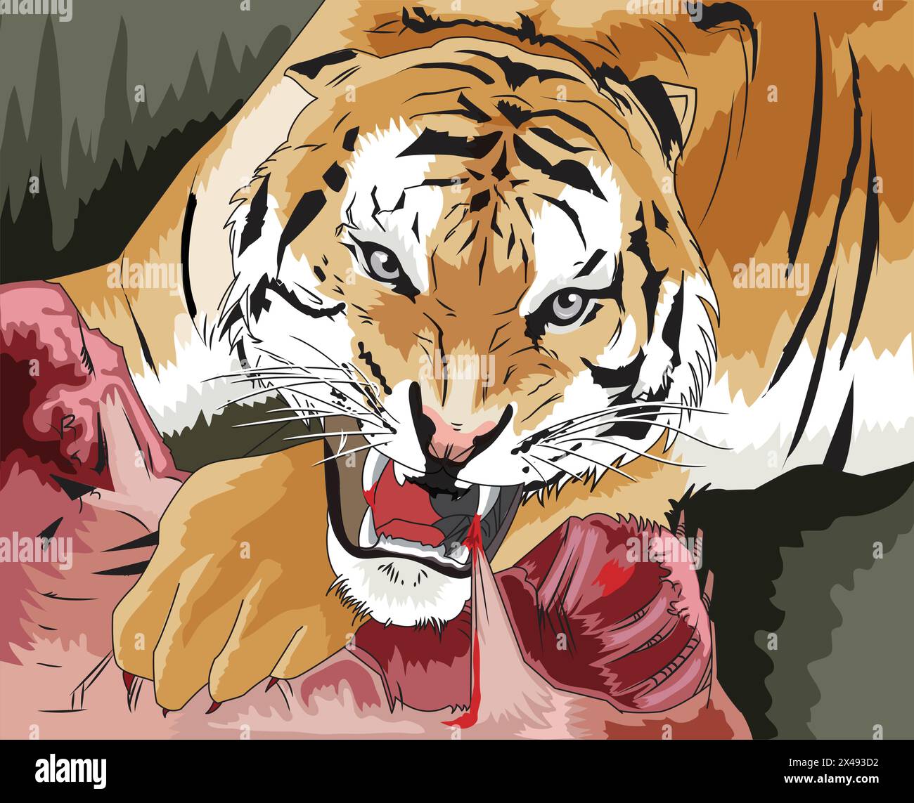 Tigre féroce rugissant avec sa bouche ouverte et essayant de déchirer la viande Illustration de Vecteur