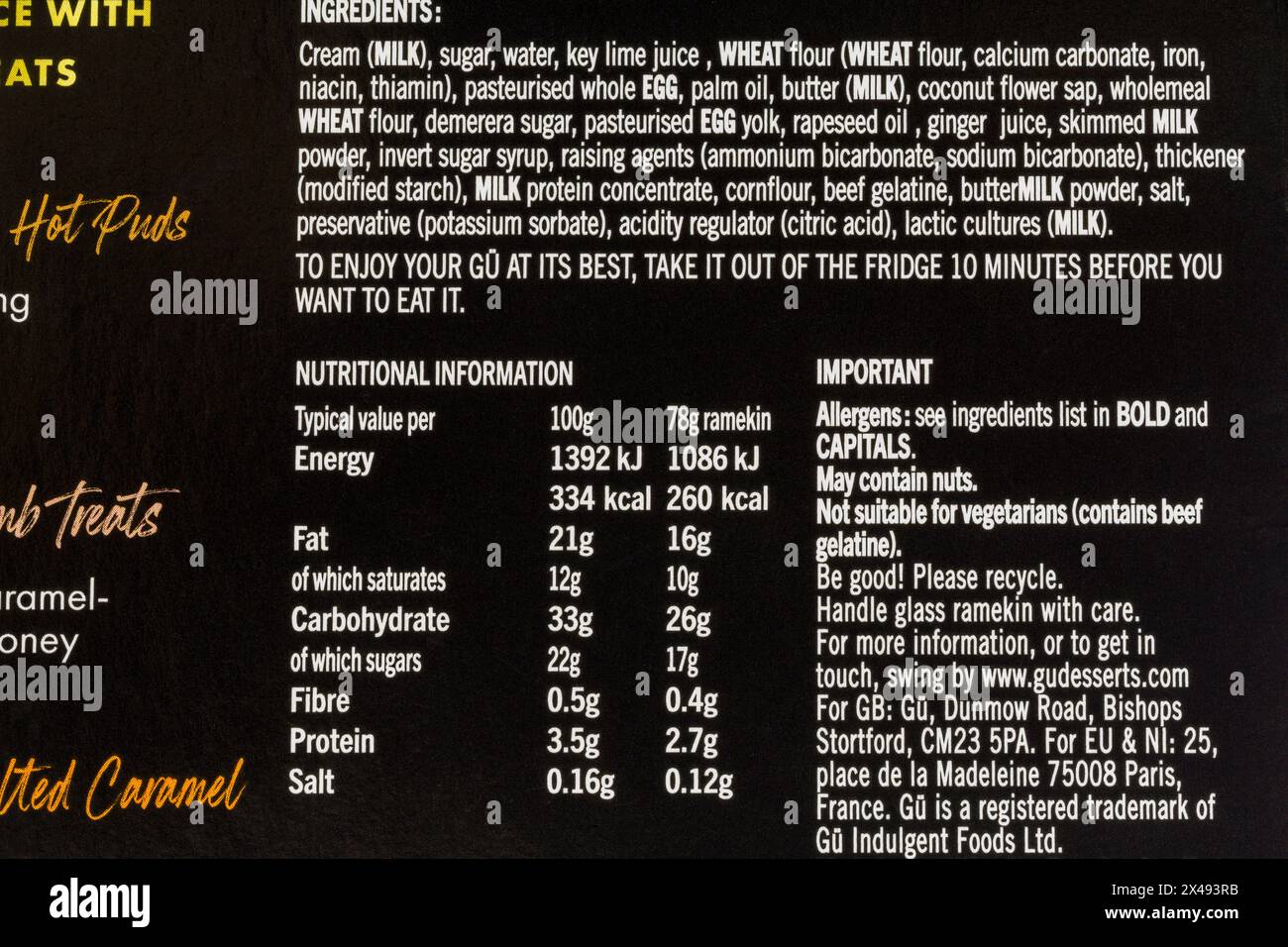 Liste des ingrédients et informations nutritionnelles sur la boîte de Gü Key Lime Pie Banque D'Images