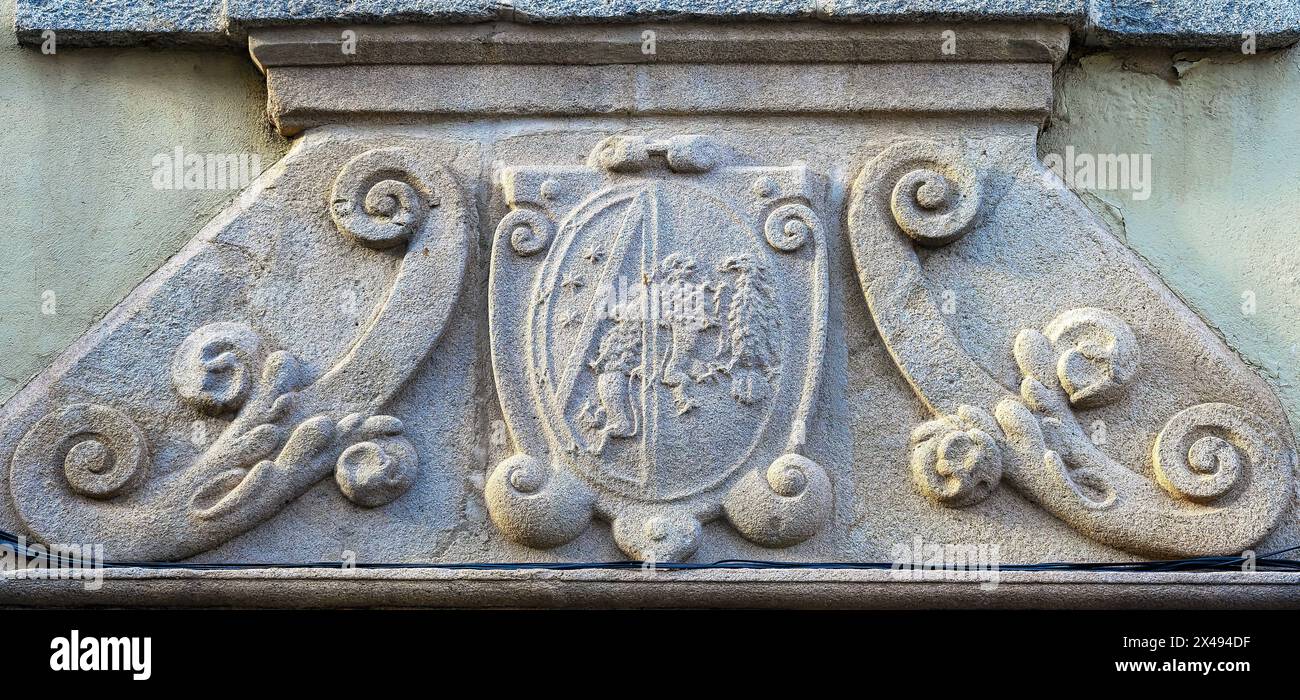 Symbole de décoration en pierre. Architecture médiévale au Palacio de los Verdugo, Avila, Espagne Banque D'Images