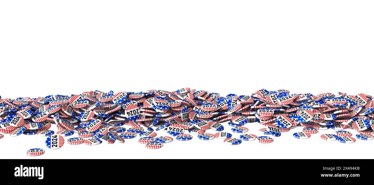 2024 boutons électoraux américains à thème isolés sur fond blanc rendu 3d. Banque D'Images