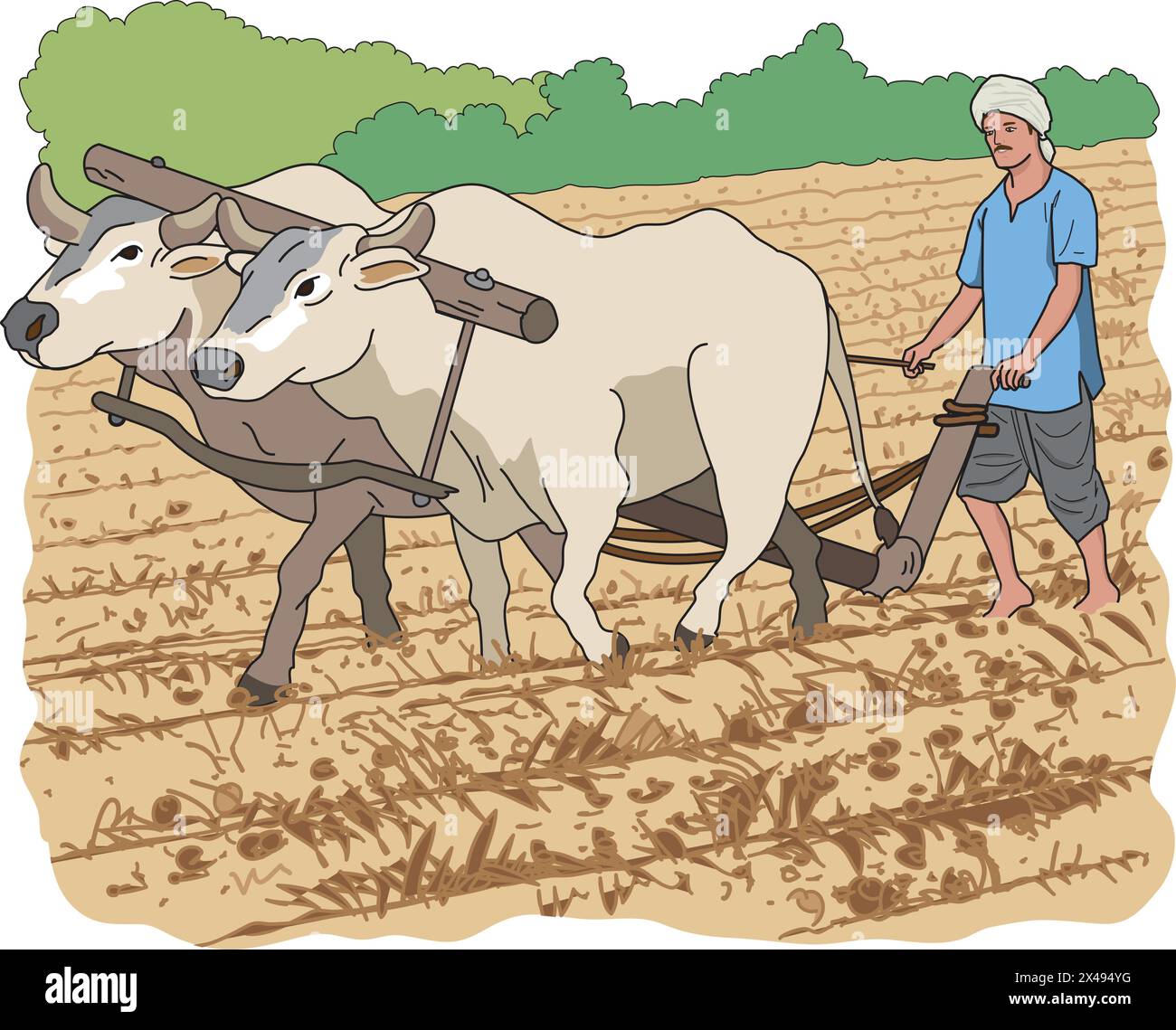 Agriculteur labourant les champs avec chariot Bullock Illustration de Vecteur