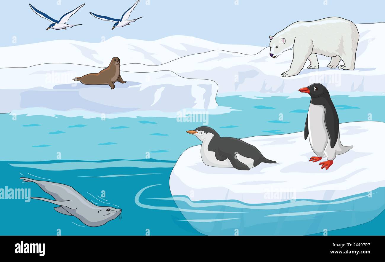 Pingouin, baleine, morse, goélette et ours polaire Illustration de Vecteur