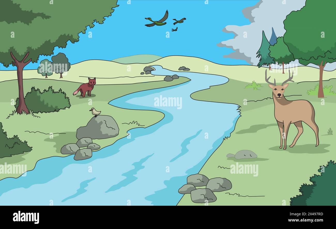 Scène de la nature avec des cerfs, renards et oiseaux volants entourés d'arbres et de rivière Illustration de Vecteur