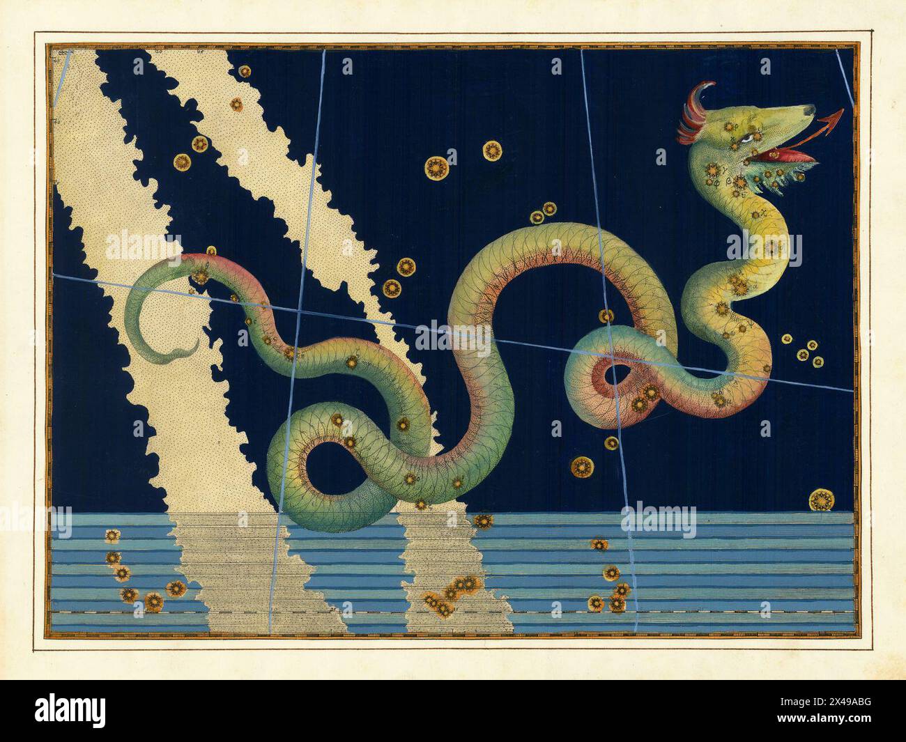 Serpens- Johann Bayer, gravure vintage, 1603. Carte céleste de Constellation avec les étoiles de l'Uranometria de Bayer. Imprimer comporte une représentation du serpent Banque D'Images