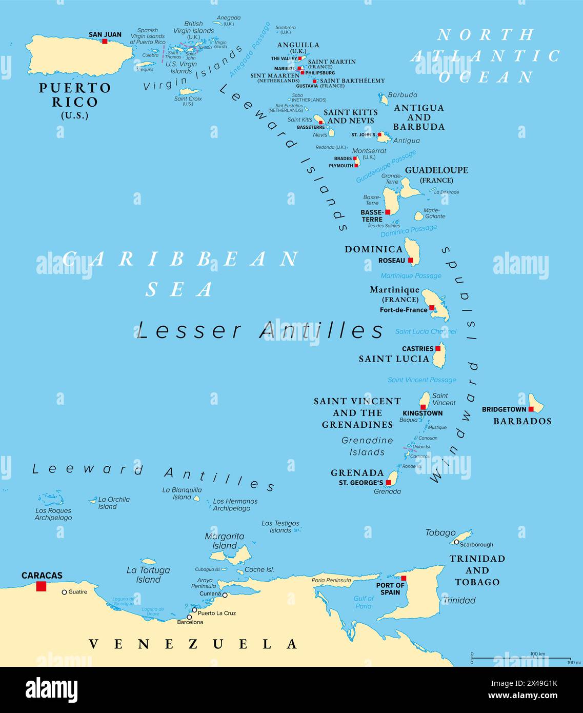 Îles des Caraïbes orientales, carte politique. Porto Rico, les îles Vierges, les îles sous le vent et sous le vent, et une partie des Antilles sous le vent. Banque D'Images