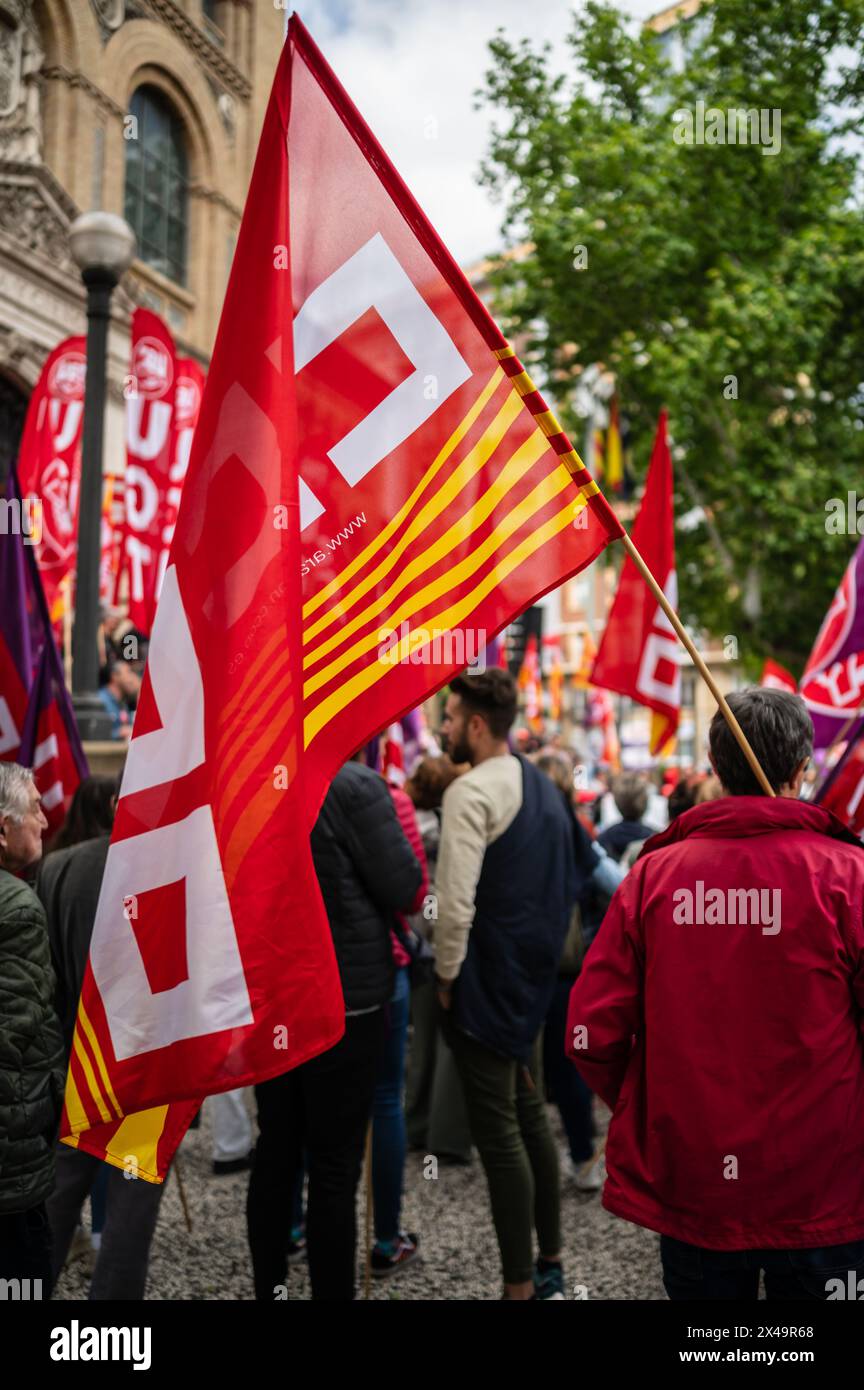 Manifestation convoquée par les syndicats UGT et CCOO le 1er mai, Journée des travailleurs, Saragosse, Espagne Banque D'Images