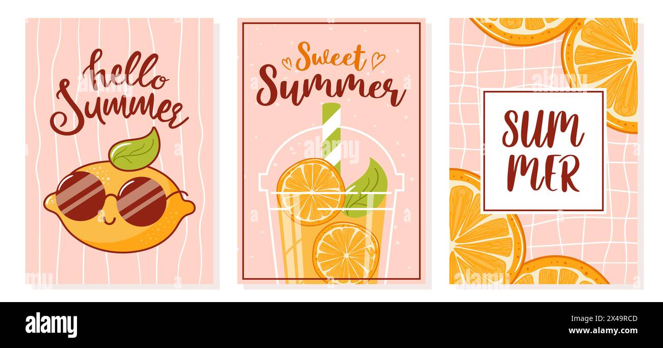 Bonjour l'été. Ensemble de cartes postales, bannières à vendre. Citrons frais dans des lunettes de soleil, un personnage de dessin animé rétro mignon. Orange fraîche. Groovy, vintage. Tendance vieux Illustration de Vecteur