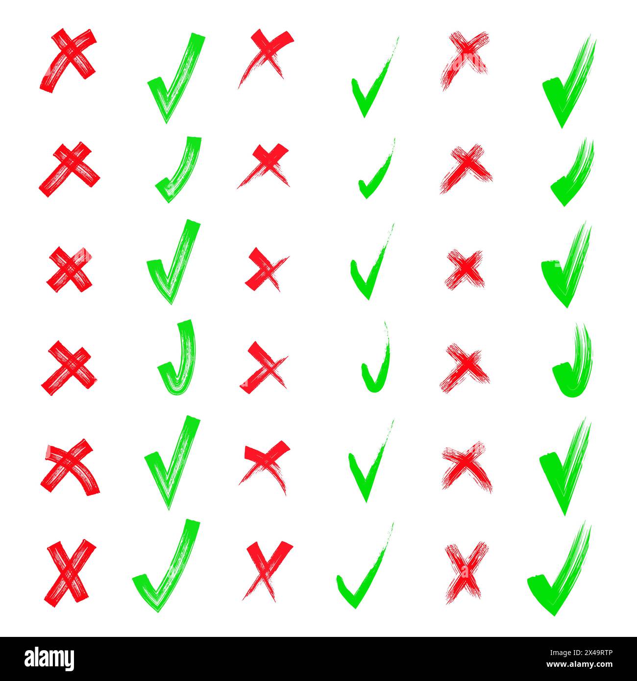 Oui et non Forme rouge et verte. Brossez la collection de coches et de croix dessinées à la main. Griffonner, croquis à la plume. Coches dessinées à la main au crayon a Illustration de Vecteur