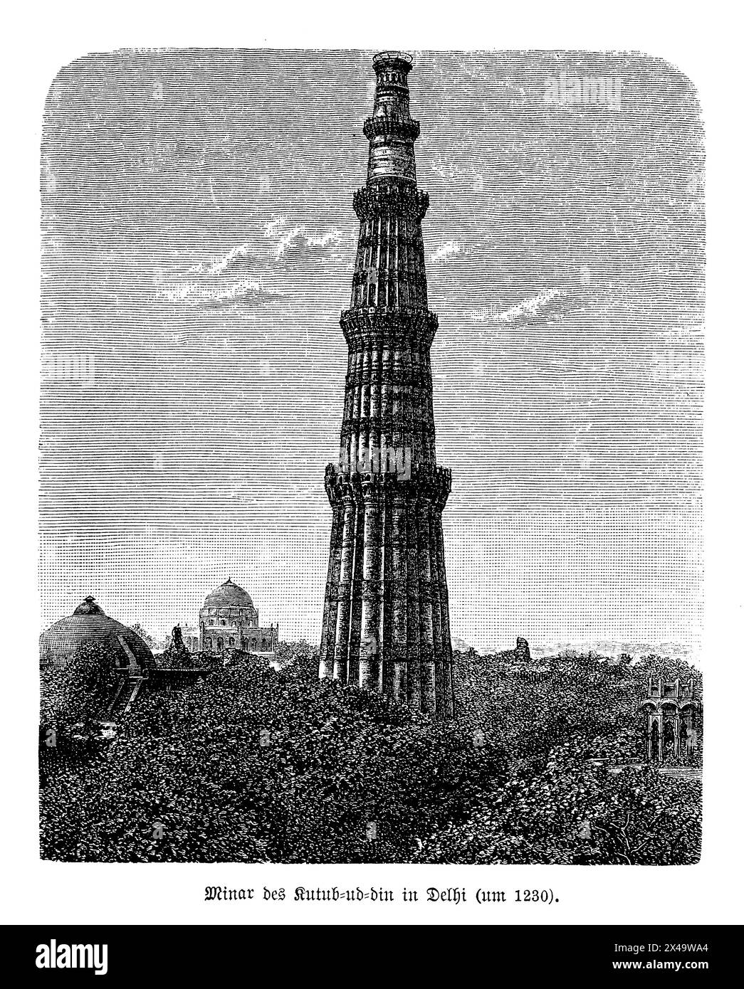 Le Qutb Minar, construit au début du XIIIe siècle, est le plus haut minaret en briques du monde et un site classé au patrimoine mondial de l'UNESCO. Il présente une série de puits cylindriques et à brides superposés, séparés par des balcons, chacun orné de sculptures complexes et de calligraphie qui racontent l’histoire du minaret et le triomphe de l’islam dans le nord de l’Inde. Le complexe archéologique environnant comprend plusieurs monuments historiques importants, chacun faisant écho à la riche tapisserie culturelle de la région. Banque D'Images