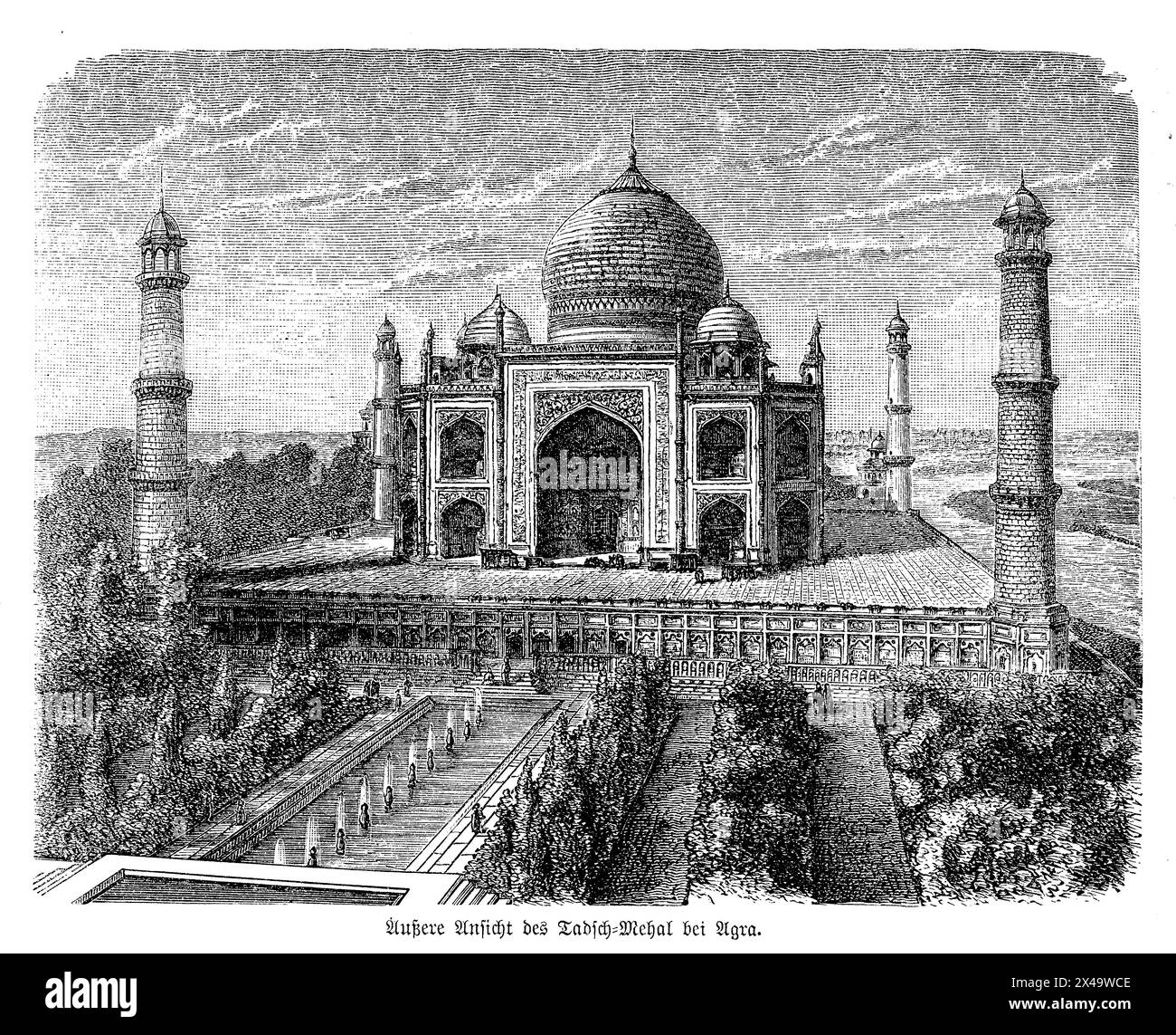Le Taj Mahal, représentation époustouflante d'un symbole emblématique de l'amour, est réputé dans le monde entier pour sa beauté étonnante et sa magnificence architecturale. Construit par l'empereur moghol Shah Jahan en mémoire de son épouse bien-aimée Mumtaz Mahal, le Taj Mahal est un chef-d'œuvre de l'architecture moghole, combinant des éléments des styles architecturaux islamique, persan, turc ottoman et indien. La structure est faite de marbre blanc immaculé qui semble changer de couleur avec l'évolution de la lumière du soleil. Il dispose d'un dôme massif, flanqué de quatre minarets minarets minces, et est orné de travaux incrustés complexes Banque D'Images