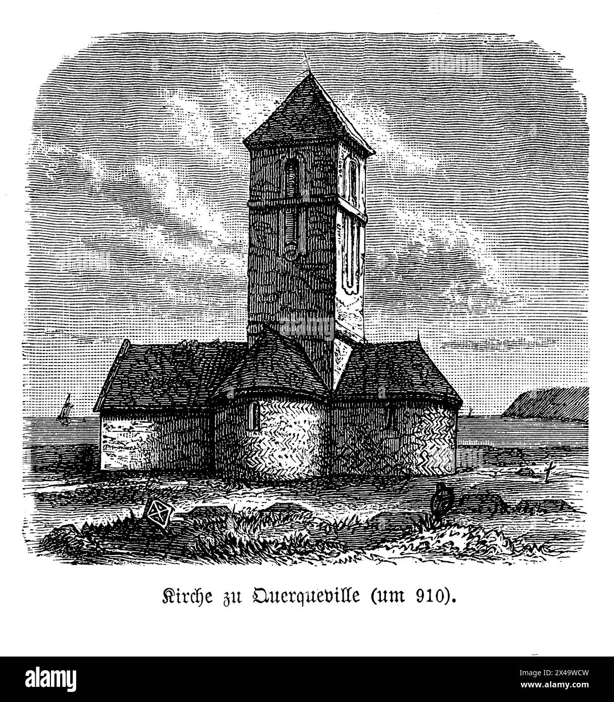 Une représentation pittoresque de la Chapelle Saint-Germain de Querqueville, nichée dans la campagne tranquille de Normandie. La chapelle, construite à partir de pierres grises altérées, témoigne de l'artisanat durable de la région. Son architecture est humble mais digne, avec un toit en ardoise en pente et un simple clocher qui ponctue l'horizon Banque D'Images
