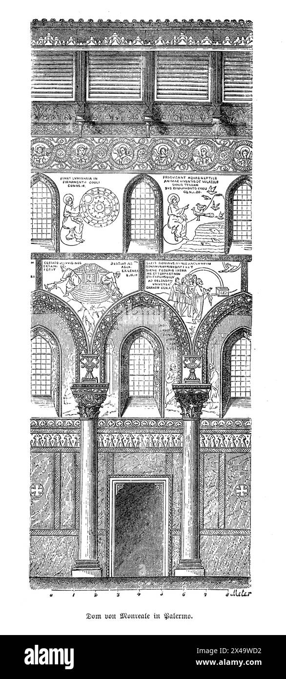 Le Duomo di Monreale, Palerme, Italie, un bel exemple de l'architecture normande mélangée avec des influences byzantines et islamiques, dispose d'une immense nef avec de grandes arches soutenues par des colonnes robustes. Les murs et les plafonds sont ornés de mosaïques d'or complexes représentant des scènes bibliques, créant un effet chatoyant qui améliore l'ambiance spirituelle. Banque D'Images