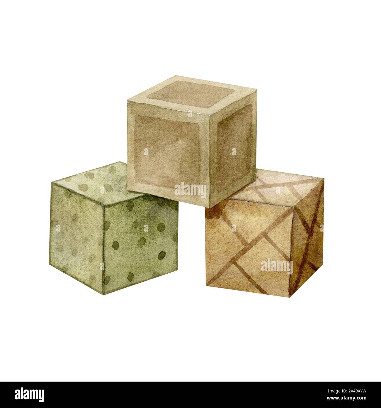 Cubes pour enfants dans des tons marron et vert, pour des jeux actifs pour les enfants. Illustration aquarelle isolée pour cartes, autocollants, textiles, design, inv Banque D'Images