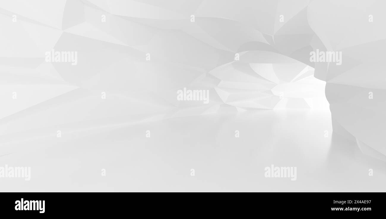 Fond blanc vide de tunnel ou de couloir abstrait, murs avec grand motif de géométrie polygonale, éclairé par l'arrière, illustration 3D. Banque D'Images